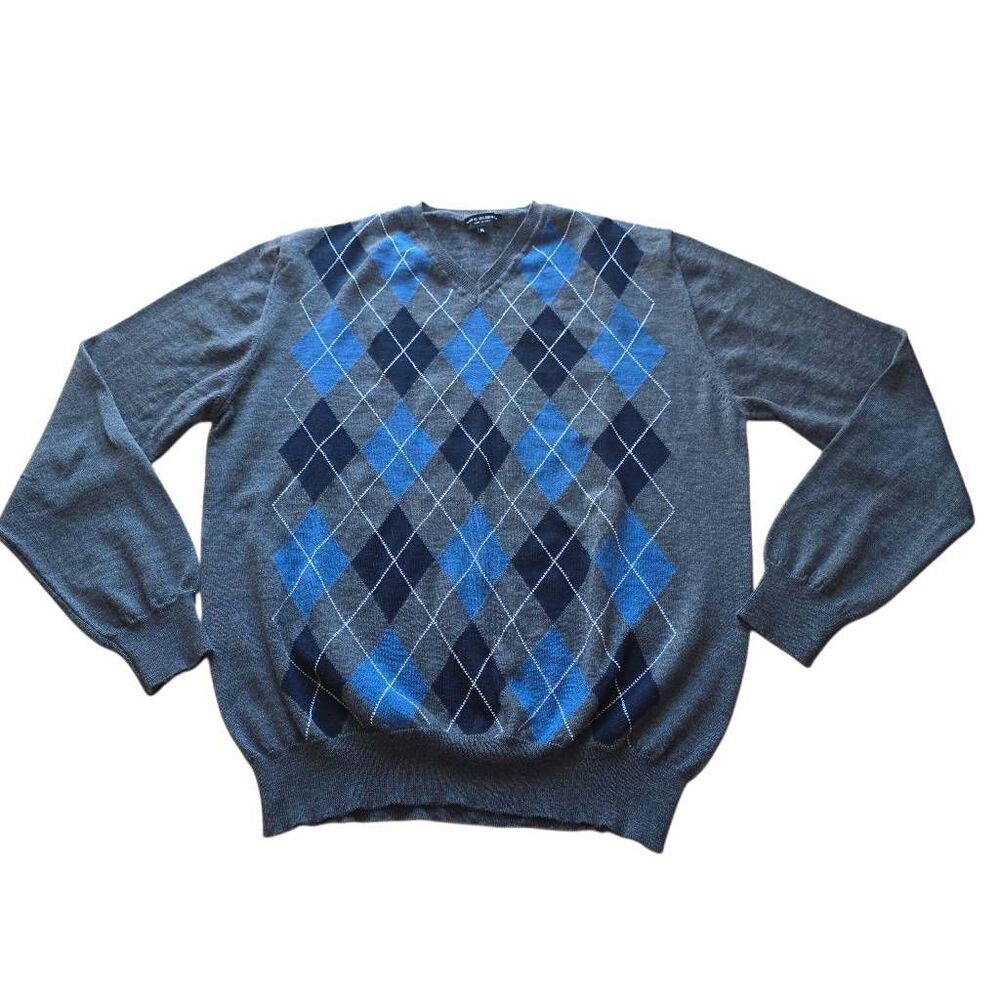 Mario Gilberti mens Sz XL gray blue Argyle 100% Merino wool sweater preppy